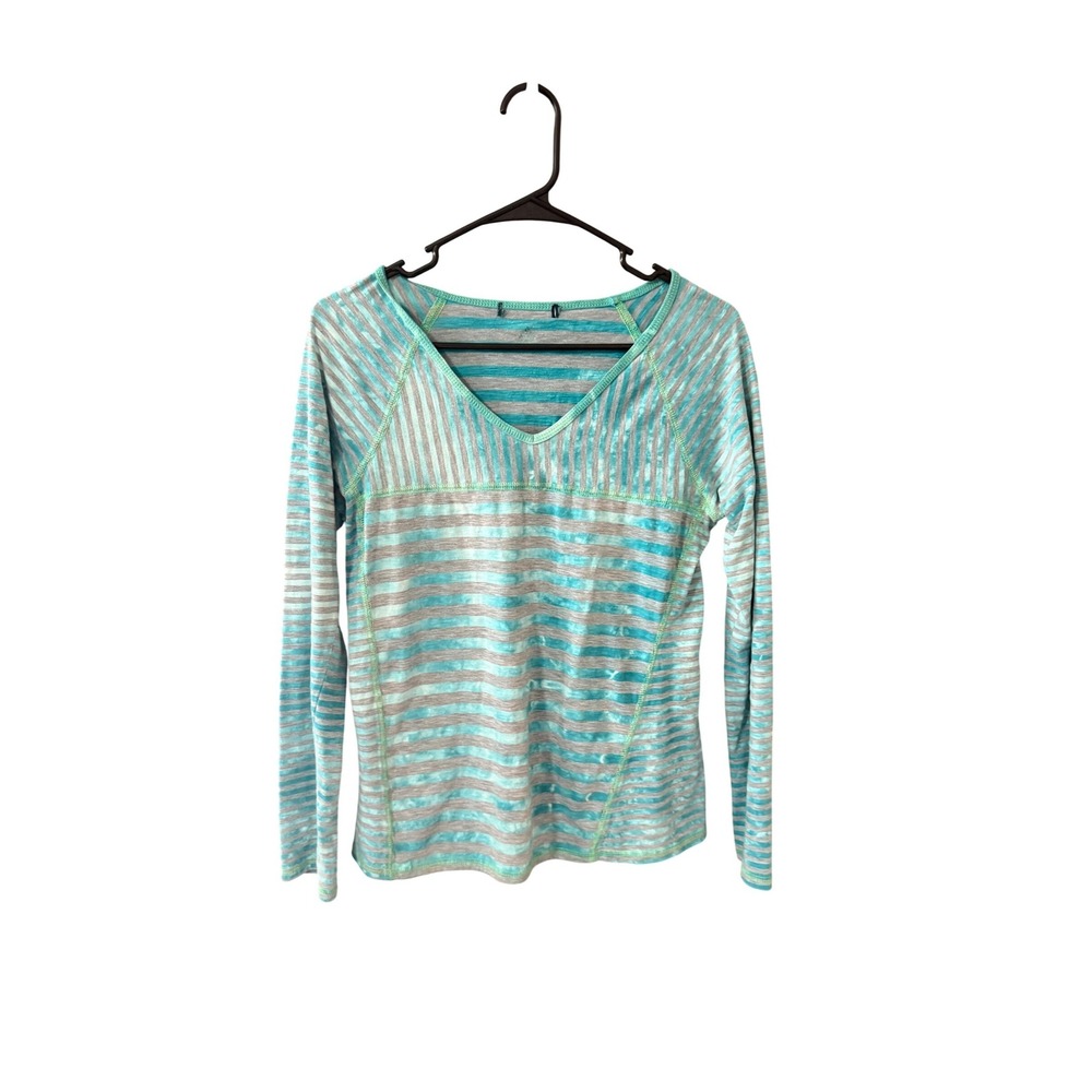 Prana Womens Striped V-Neck Long Sleeve Top Turquoise Teal M Burn Out Outdoor